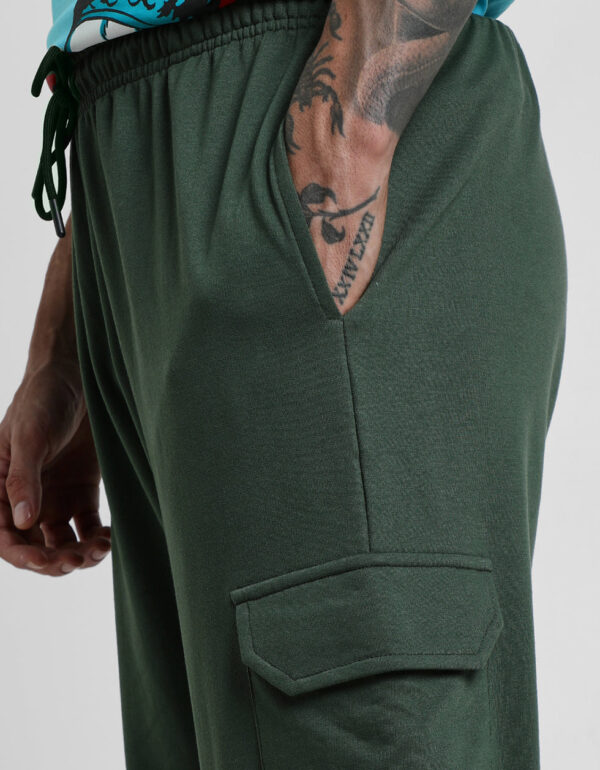 Olive Green Plain Baggy Fit Cargo Joggers - Image 4
