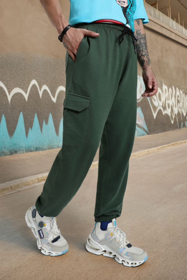 Olive Green Plain Baggy Fit Cargo Joggers