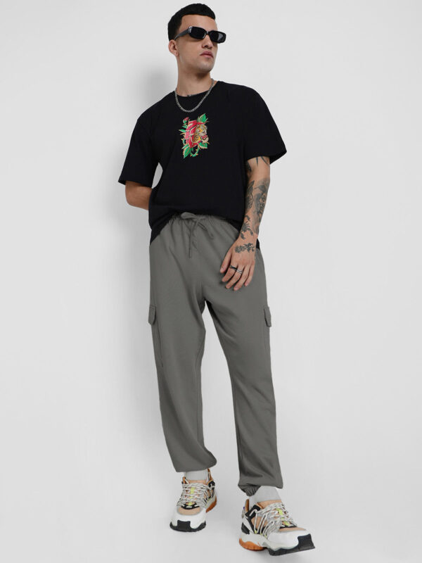 Charcoal Grey Plain Baggy Fit Cargo Joggers - Image 6