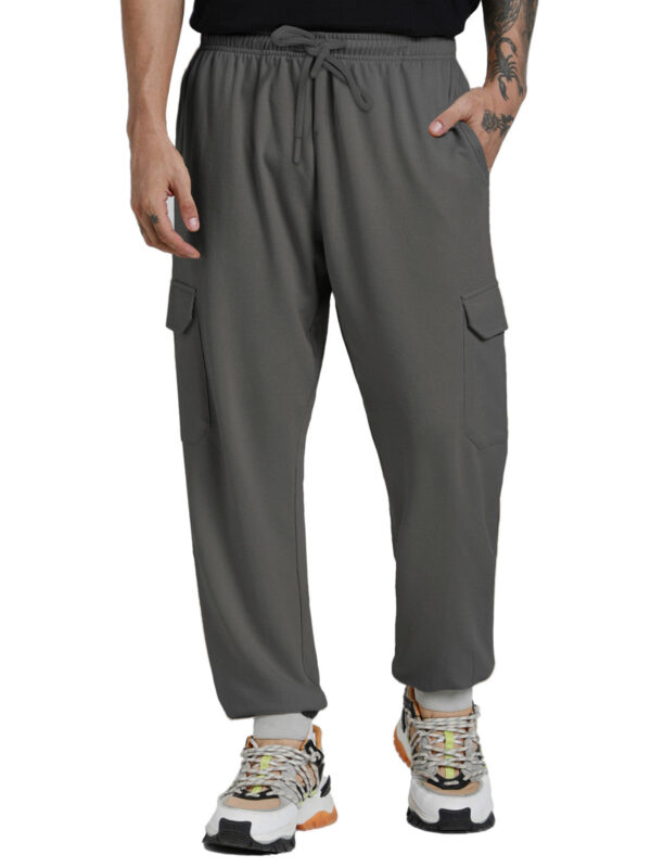 Charcoal Grey Plain Baggy Fit Cargo Joggers - Image 2