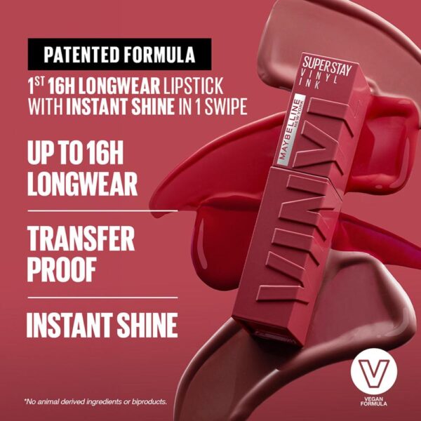 Maybelline New York Super Stay Vinyl Ink Liquid Lipstick, Instant Shine Lasts Up To 16H - 10 Lippy(4.2ML) - Image 2