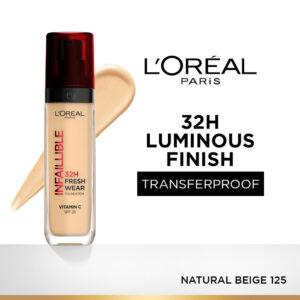 LOreal Paris Liquid Foundation, Infaillible 32H Fresh Wear, Oil Absorbing Formula, Warm Dore 125 SPF 25(30ml)