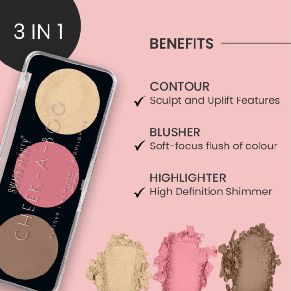 Swiss Beauty Cheek-A-Boo 3 In One Blusher Contour And Highlighter - 3(8 g) - Image 4