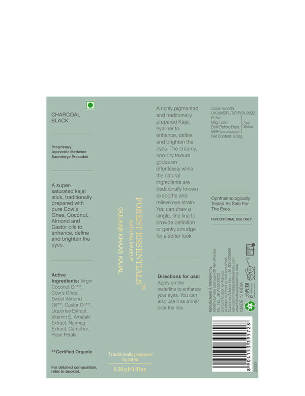 Forest Essentials Gulaab Khaas Kajal - Charcoal Black - Natural Smooth Kajal - Soothing & Cooling(0.3g) - Image 7