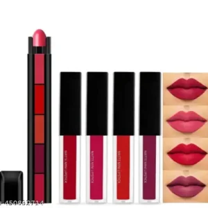 Set of 4 Liquid Matte Mini Lipsticks (Nudee Edition) - Long Lasting & Waterproof Combo Pack Of Red, Deep Red, Wine and Pink Shades With 5-in-1 Lipstick 7.5gm| Five Shades In One Lipstick