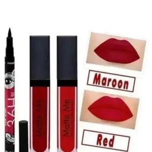 Red Maroon lipstick combo +36h  Yanqina eyeliner waterproof  (pack of 3)