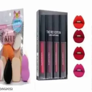 MINI MATTE 4 LIPSTICK + 6IN1 PUFF SET + 36H EYELINER(COMBO PACK) (Pack of 3)