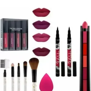 RED SHADE LIPSTICK, WATERPROOF 2 EYELINER, RED 5IN1 LIPSTICK, 5PC PINK BRUSH OR BLENDER PUFF
