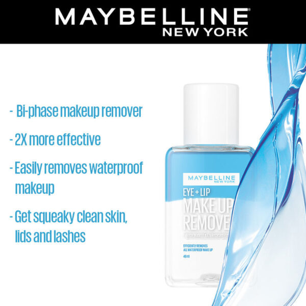 Maybelline New York Biphase Eye + Lip Makeup Remover for Waterproof Makeup, Fragrance-Free, 40ml(40ml) - Image 3
