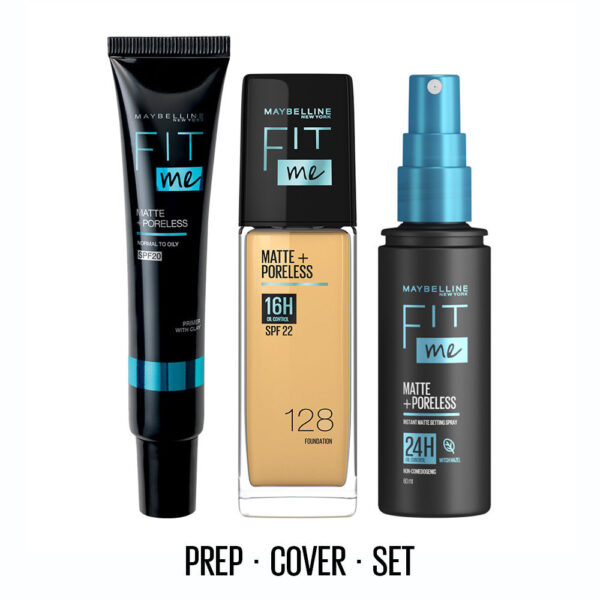Maybelline New York Matte Flawless Skin Kit: Fit Me Foundation, 128 + Primer + Setting Spray(3 Pcs)