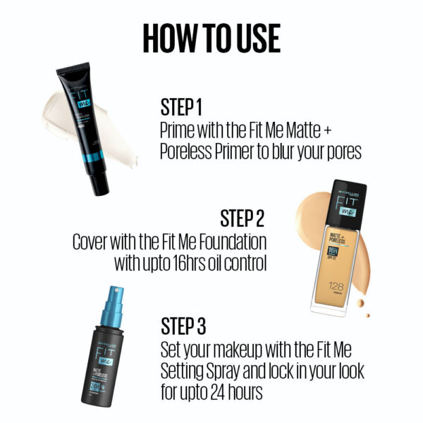 Maybelline New York Matte Flawless Skin Kit: Fit Me Foundation, 128 + Primer + Setting Spray(3 Pcs) - Image 3